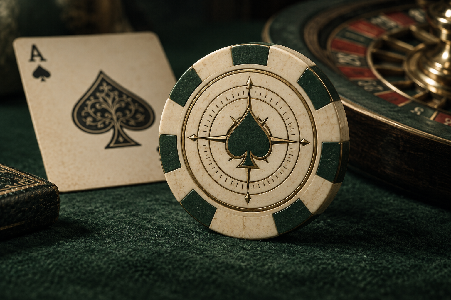An ivory and forest-green casino chip with a spade compass emblem, beside an ace of spades and a roulette wheel on green felt